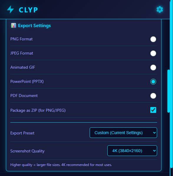 CLYP export options