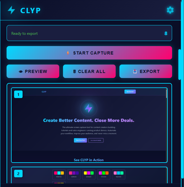 CLYP preview grid showing captured screenshots
